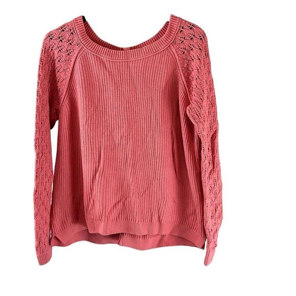 Ann Taylor Loft Sweater Pink Knit Crochet Sleeves Ribbed Button Back Pullover La - Picture 1 of 7